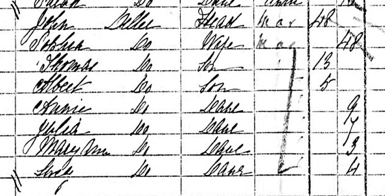 A scanned image of a census form showing members of the Deller family