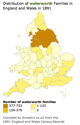 Map showing the concentration of the Waterworth surname in Yorkshire and Lancashire in the 1891 census
